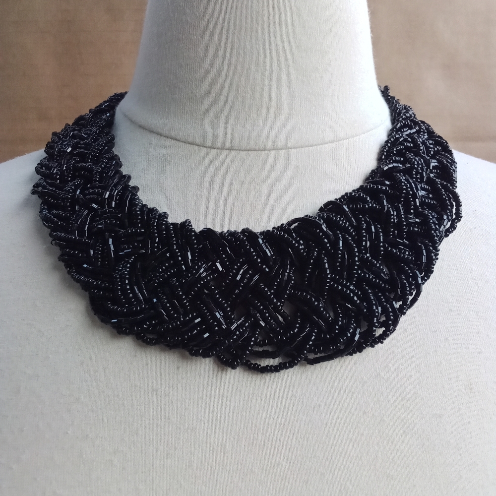 Black Braided Baguette bead / Seed bead Necklace